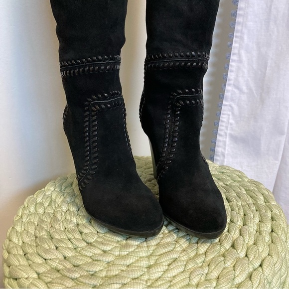 NWOB Report Liola Black Suede Leather Woven Boho Over the Knee Heel Boots - Picture 7 of 16